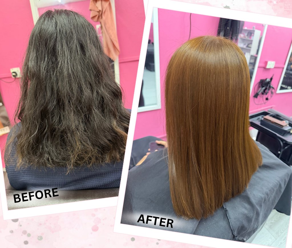 Before and after rebonding and colour at Fafa Salon